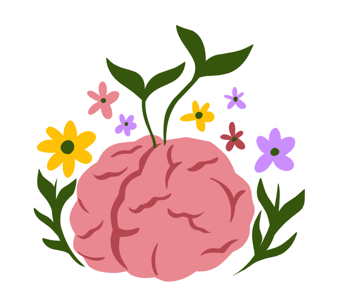 Una ilustración de un cerebro rosa con flores creciendo de él.)
