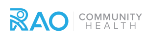 The logo for rao community health is blue and white.