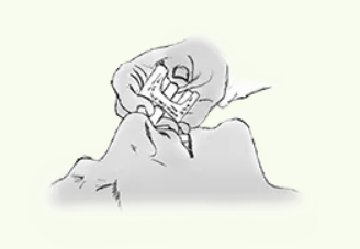 A black and white drawing of a person holding a pen in their mouth.