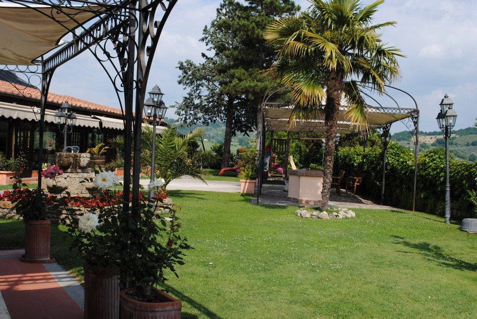 Zona pranzo esterna lussureggiante e verde con palme, prato e collina in lontananza.