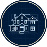 Blueprint-style white house illustration on a dark blue circular background