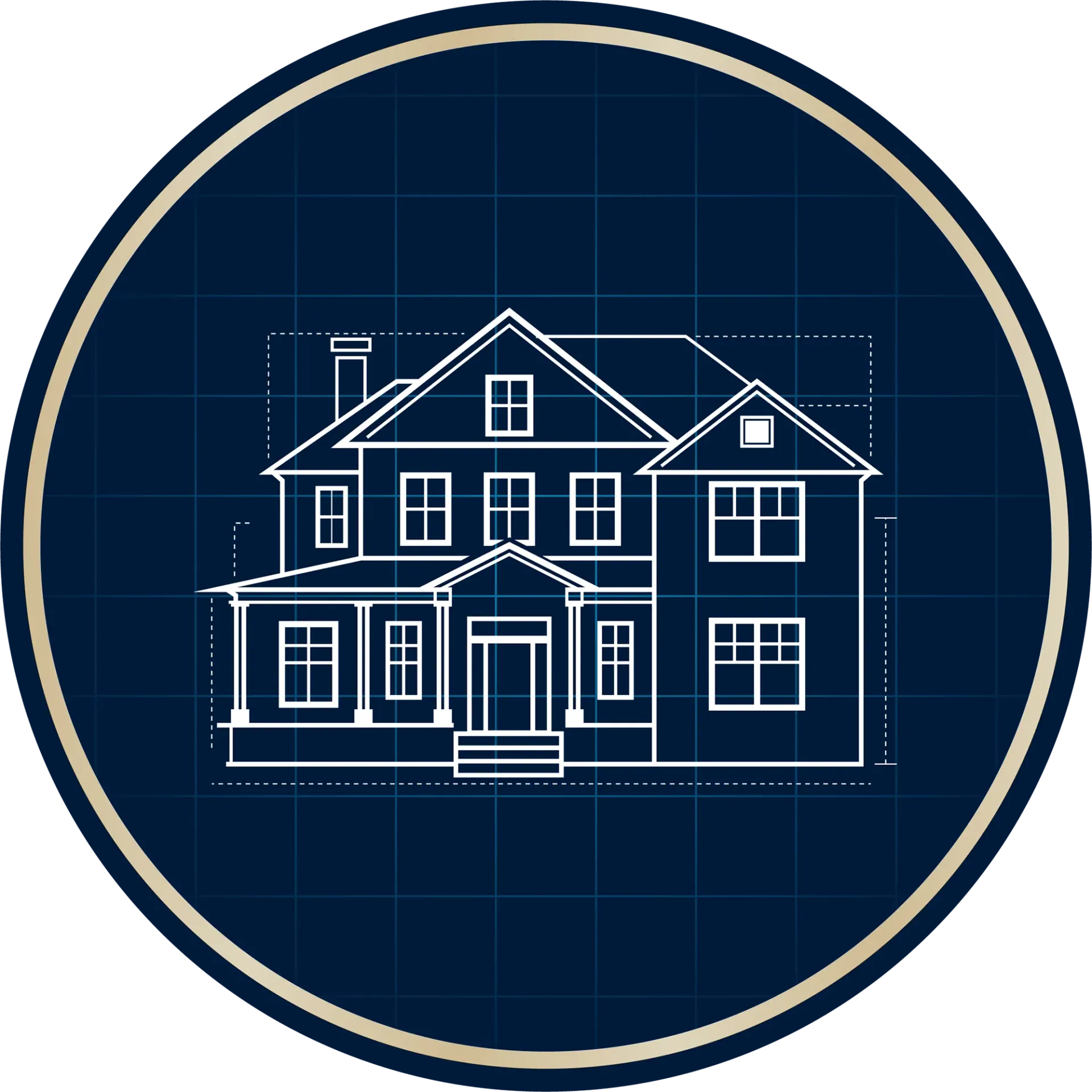 White house blueprint on a dark blue circular background