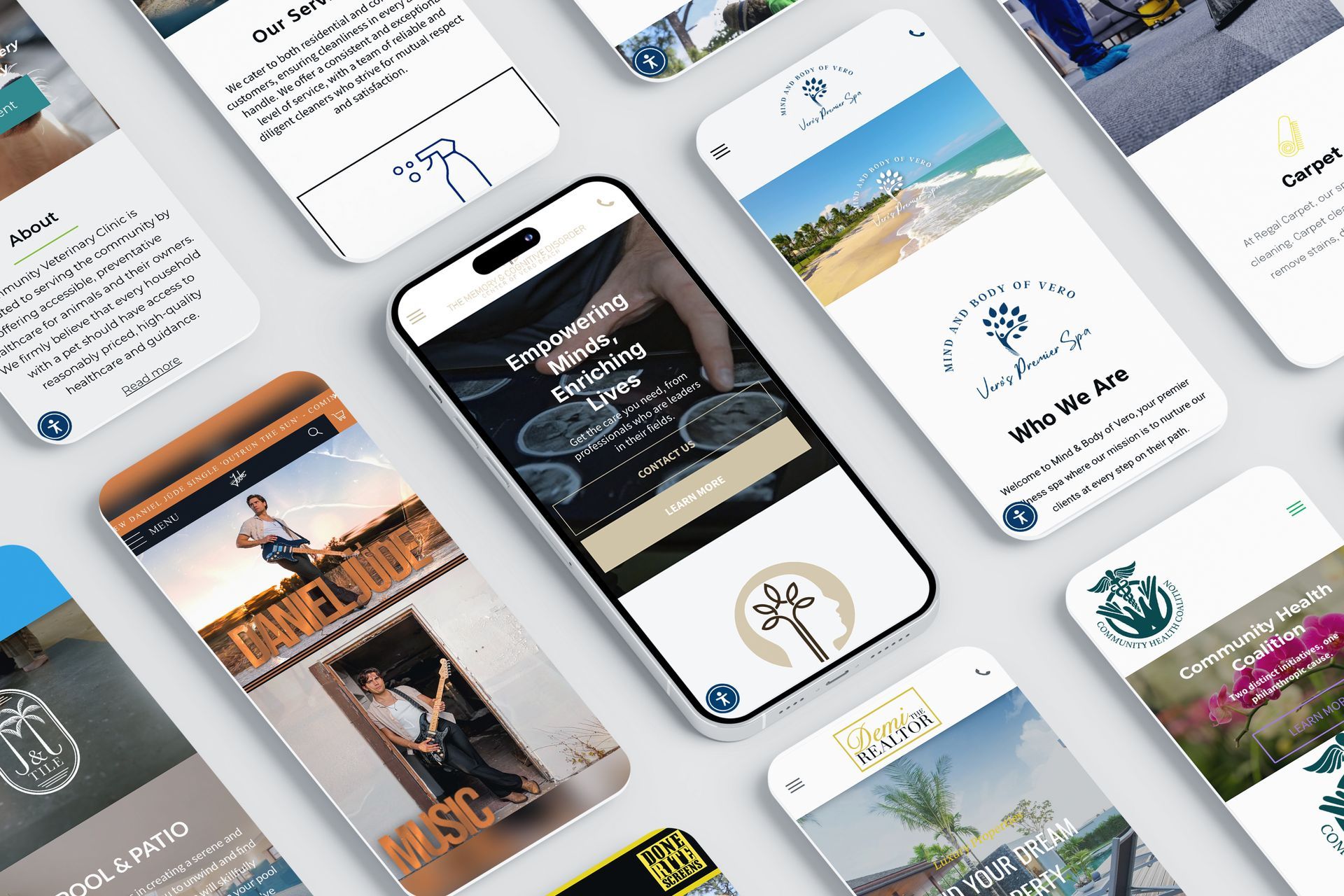 Web Design Work by PGM - Mind and Body website, Sunshine State Softwash Website, Daniel Jude Website.