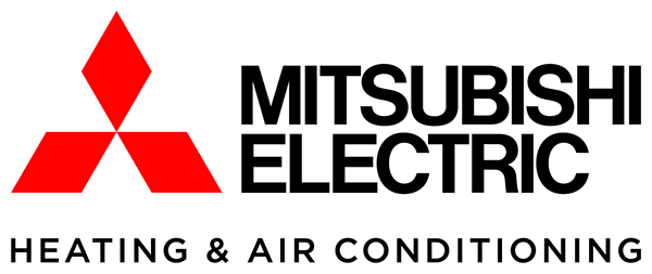 Mitsubishi Electric Heating & Air Conditioning logo with red geometric emblem and black text on white background