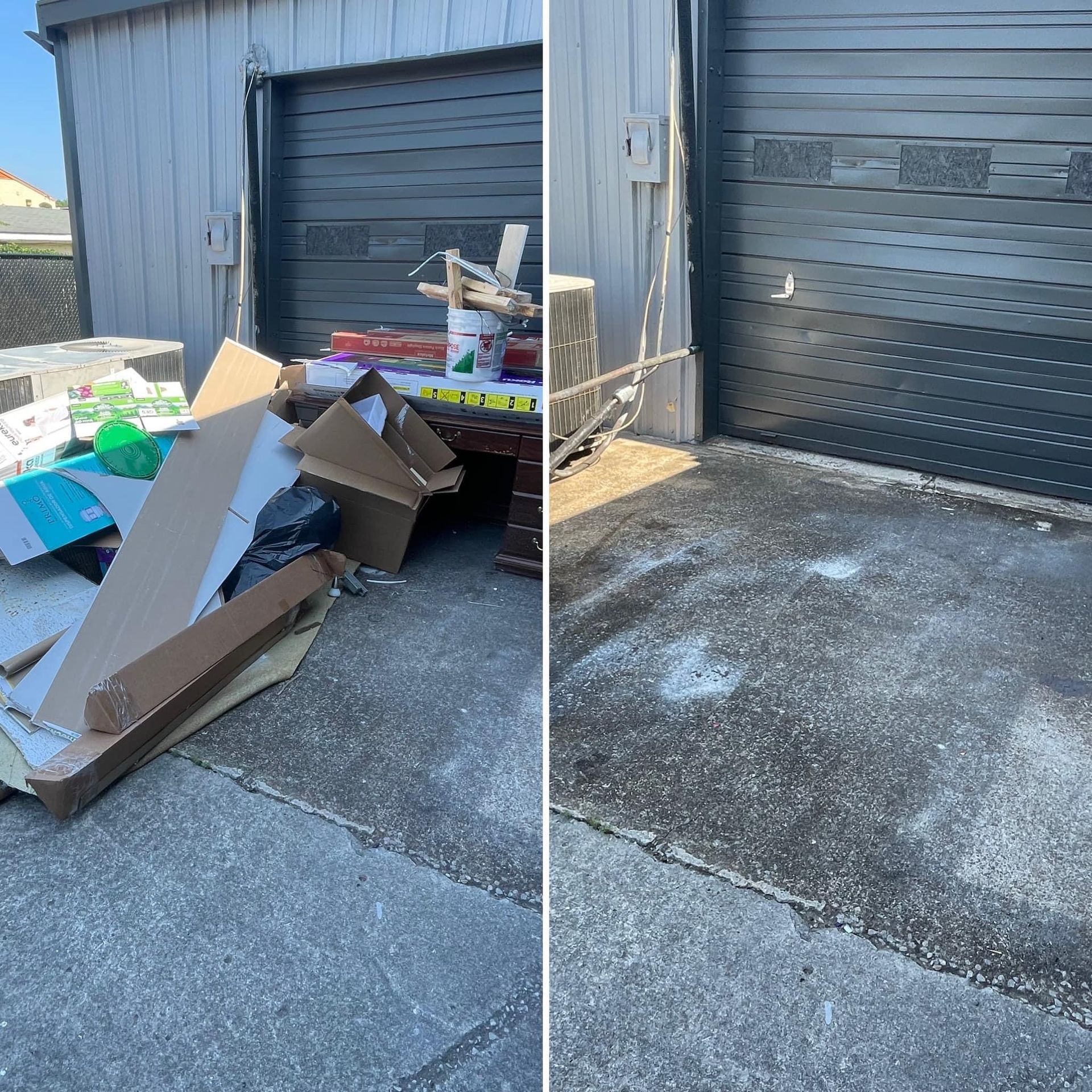 Warehouse loading bay with scattered cardboard boxes and trash beside a closed roll-up door.