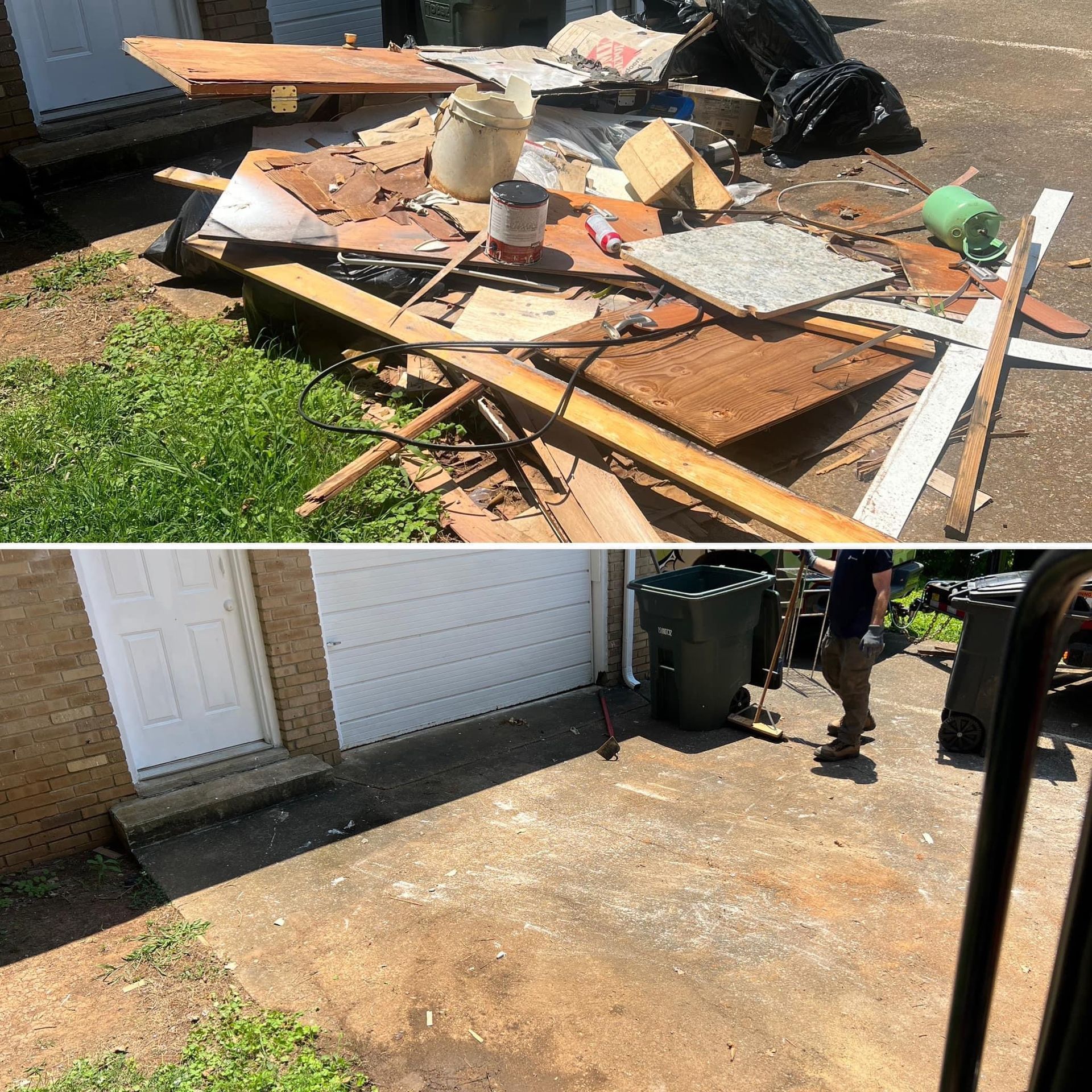 Before-and-after driveway cleanup: debris pile removed, leaving a mostly cleared concrete surface.