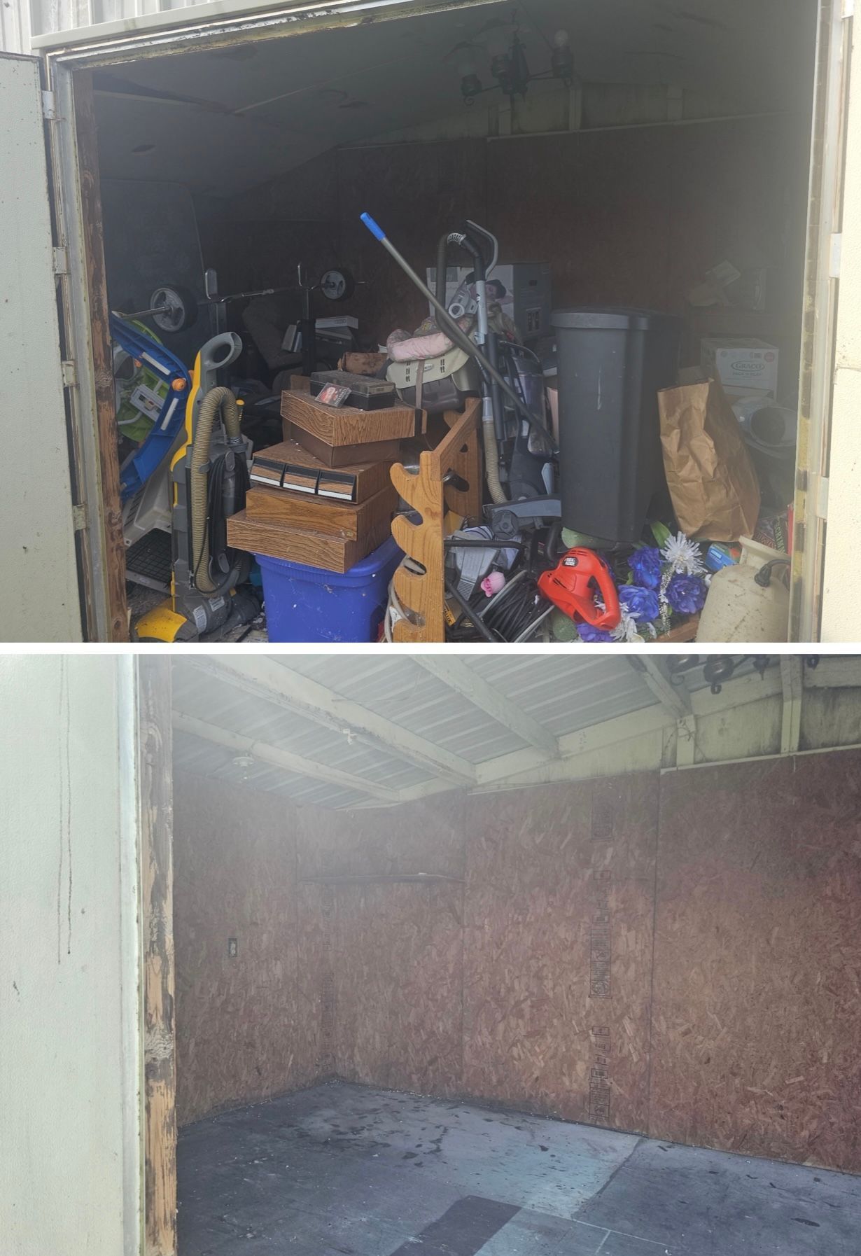 Two garage interior shots: one cluttered with tools and boxes, one empty with rusted walls and concrete floor