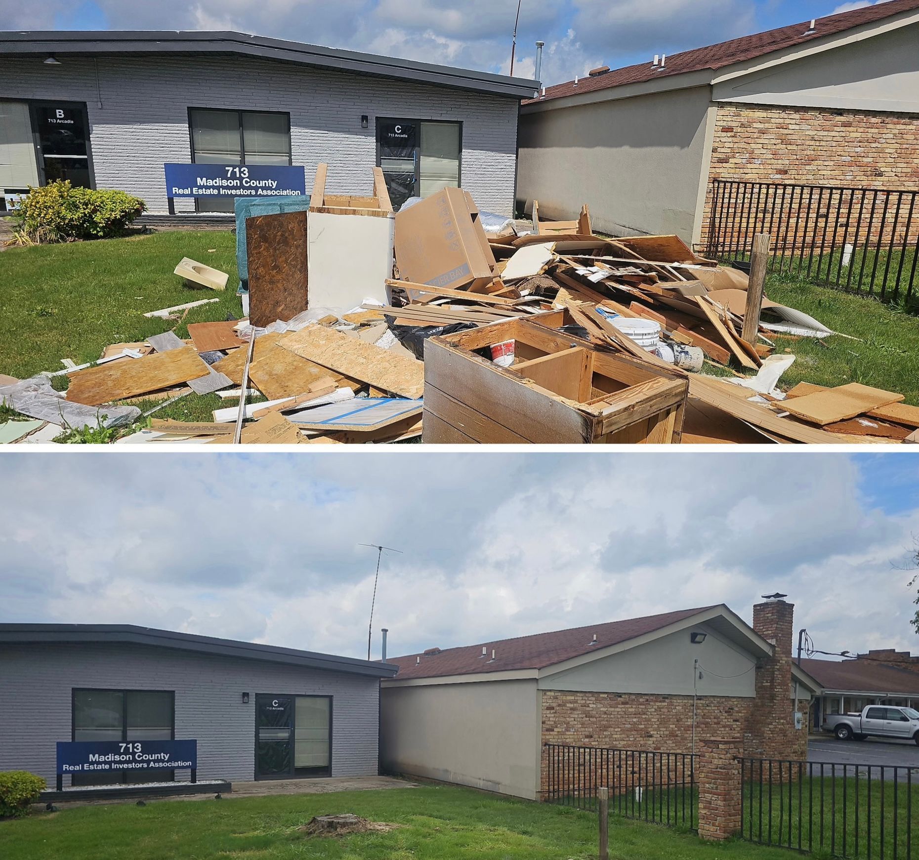 Storm damage cleanup at a house, with debris pile beside the lawn and the same view cleared below.