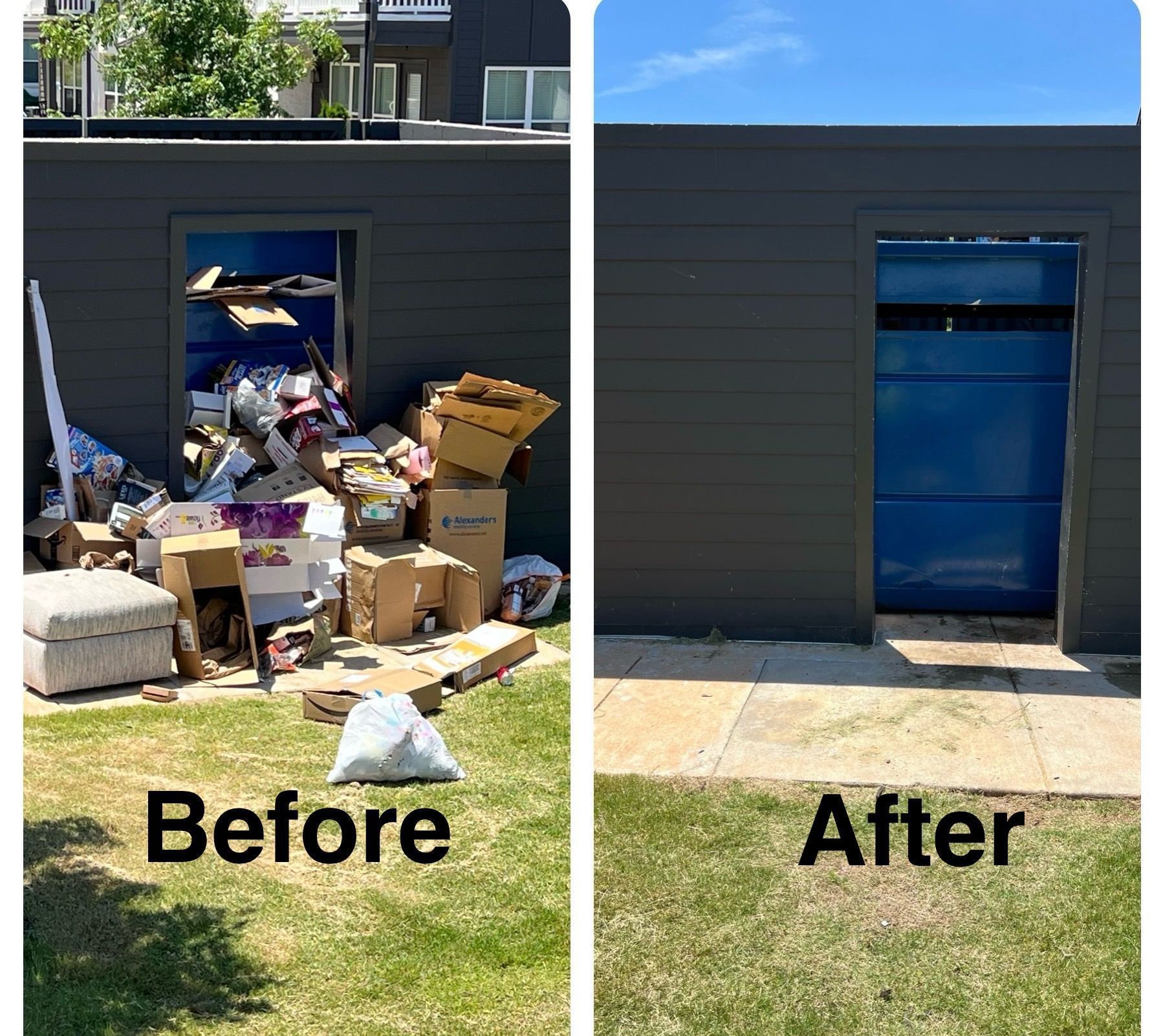 Before-and-after of a building entrance: cluttered trash pile removed, leaving a clean blue door.