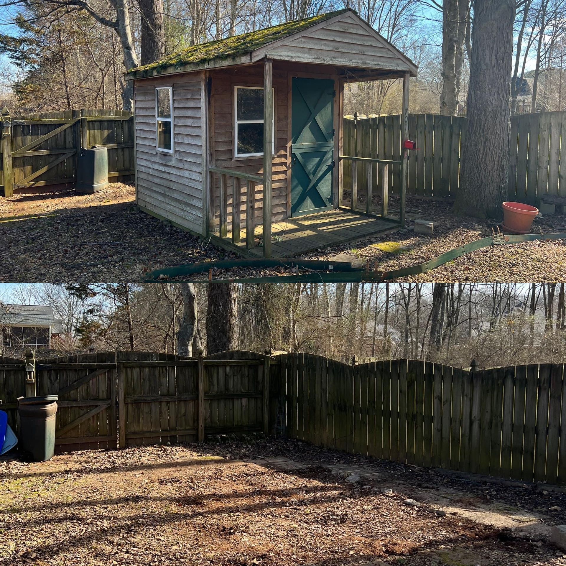 Small wooden shed with green door in a fenced backyard, shown from two angles in winter sunlight.
