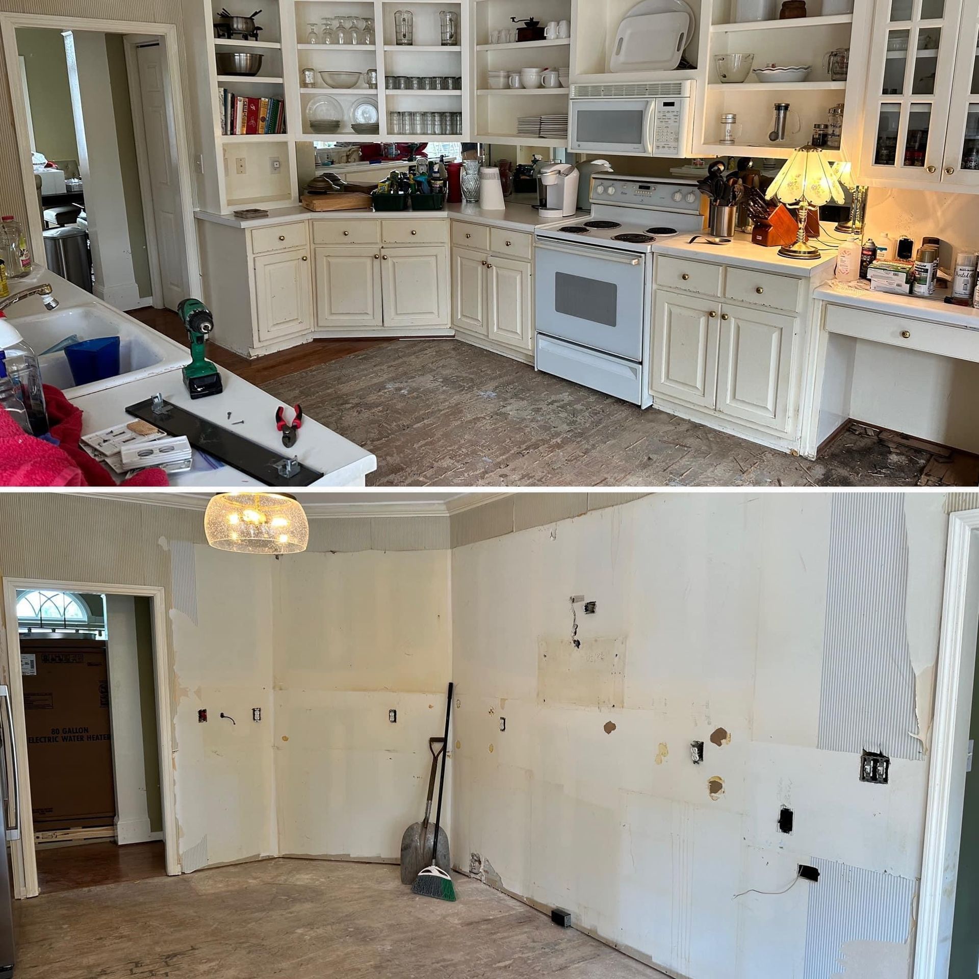Kitchen before-and-after renovation: updated white cabinets above, stripped walls and floor below