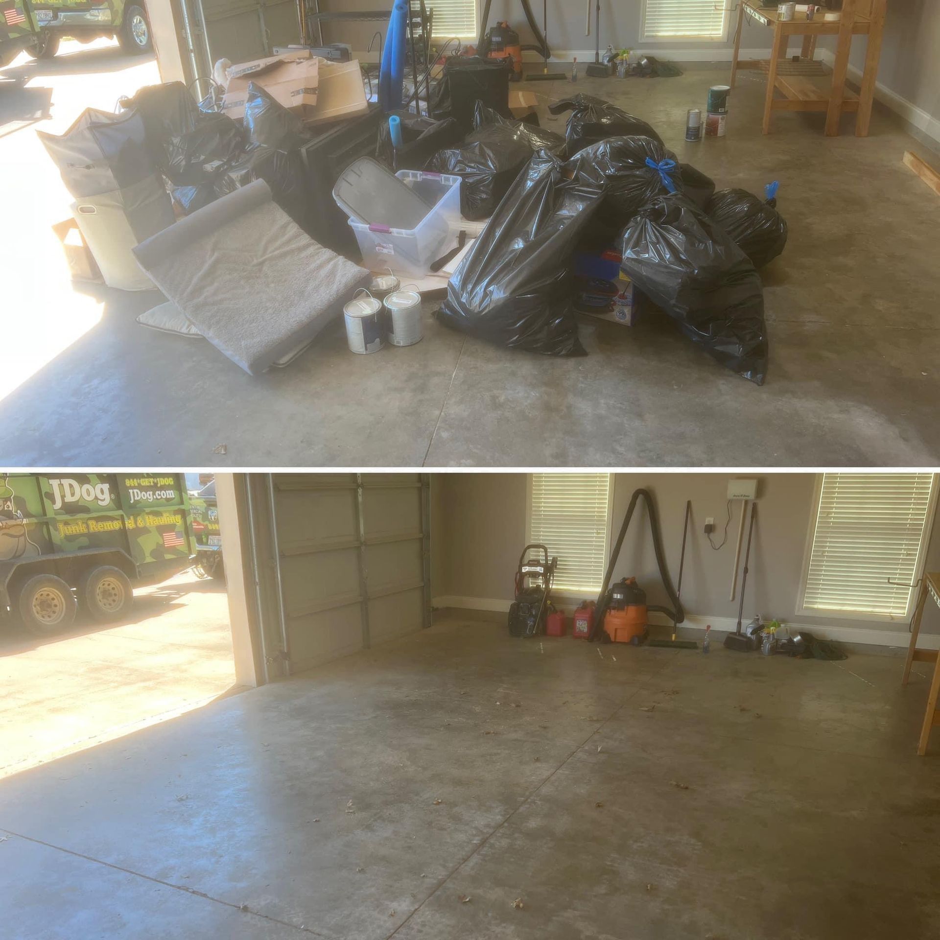 Garage with trash bags, boxes, and tools piled on one side; the other side is mostly empty concrete floor.