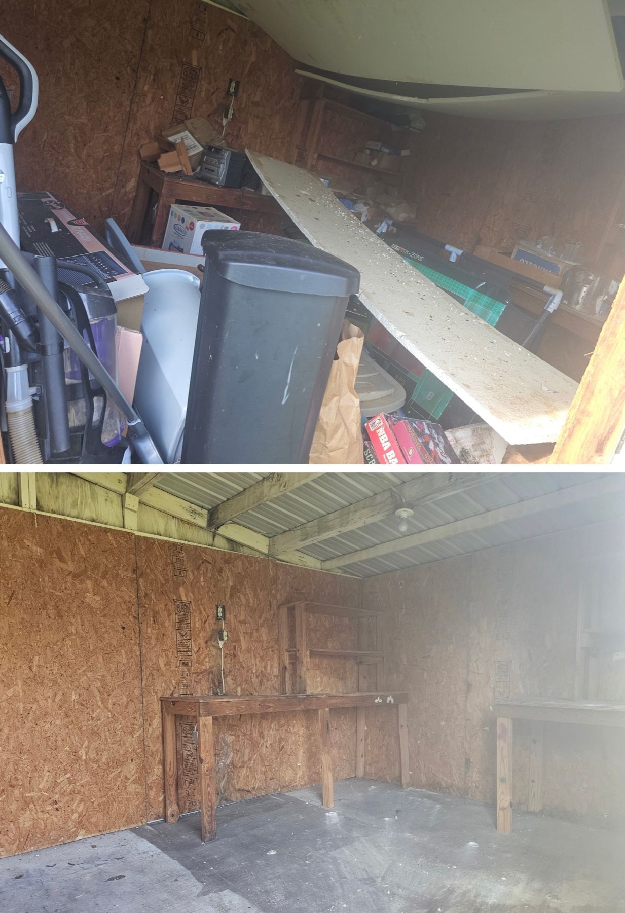 Cluttered shed interior with stacked boards, bins, and scattered tools on a concrete floor