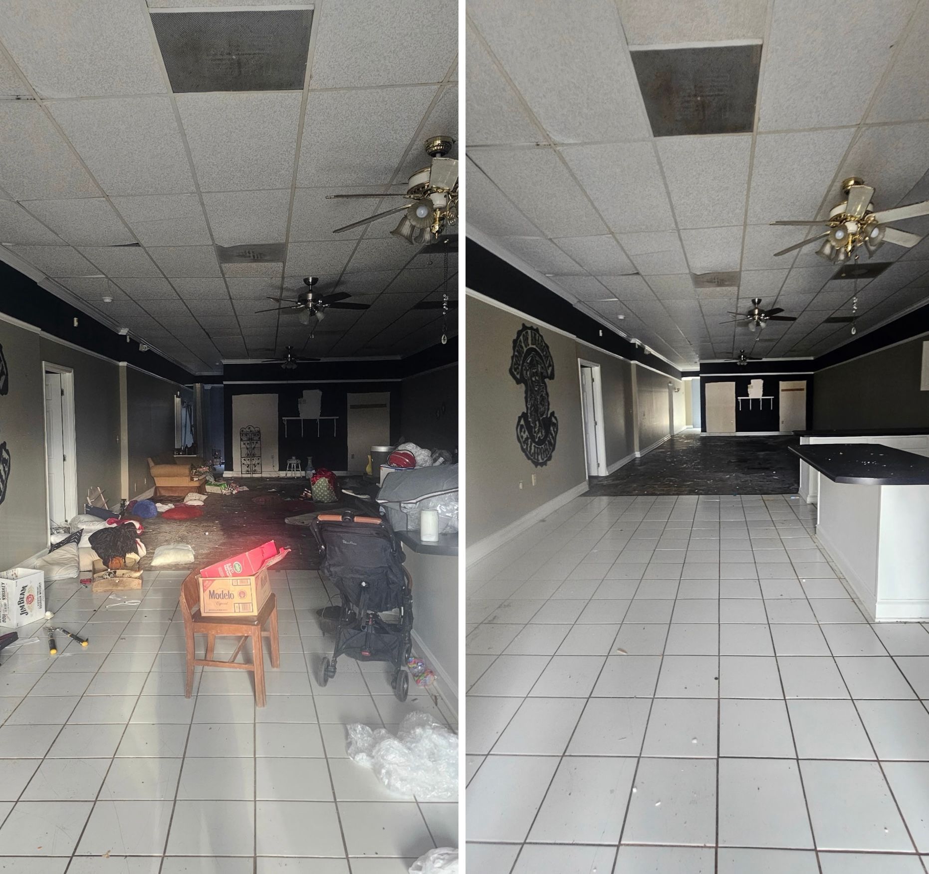 Before-and-after view of a dim storefront interior with cluttered and cleared floors, ceiling fans, and tiled flooring.