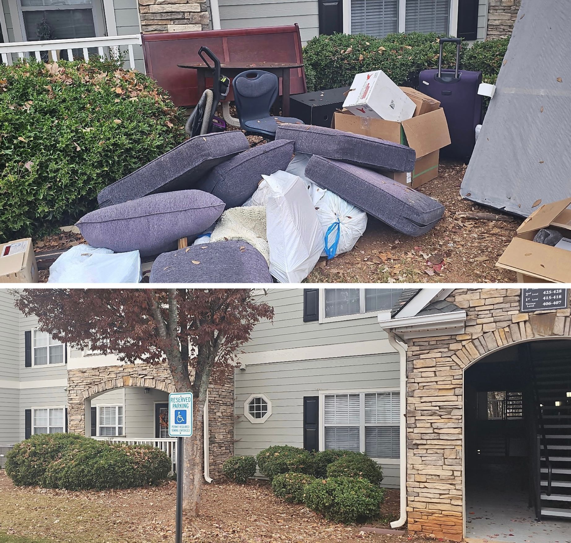 Overflowing trash bags and discarded furniture beside an apartment building entrance and parking area.