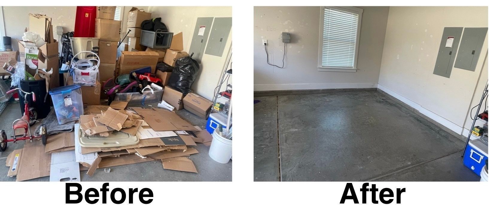 Before-and-after of a cluttered garage cleared to a bare, clean concrete floor.