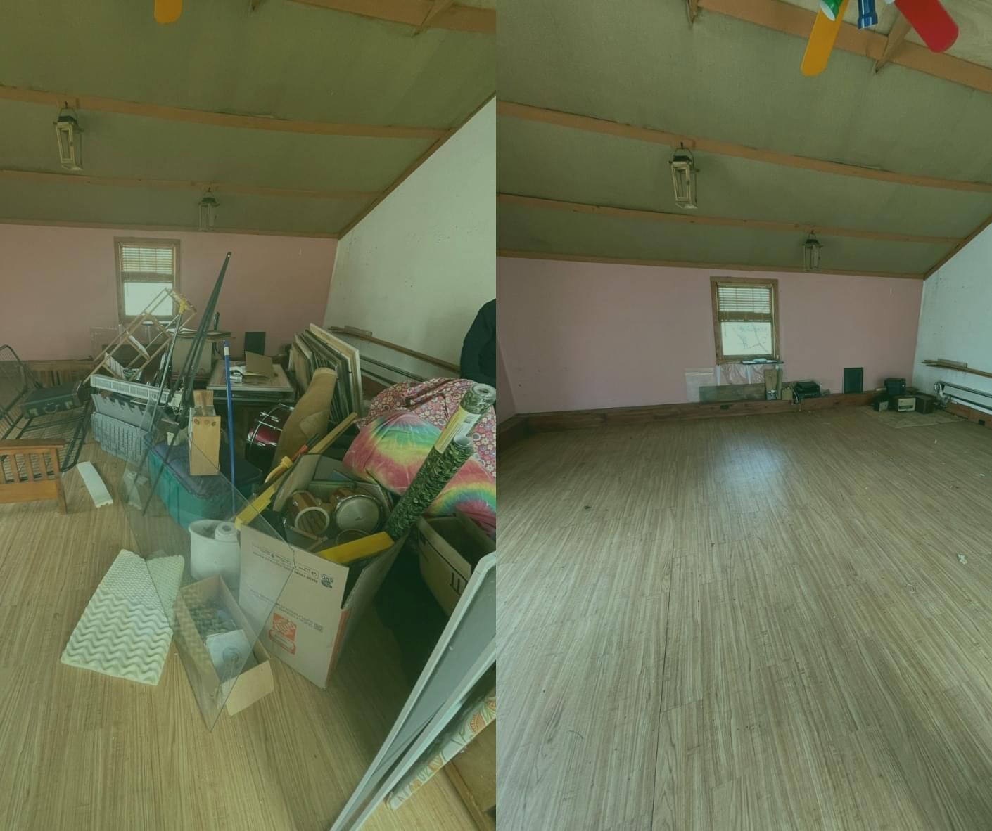 Cluttered attic room split view: left piled with junk, right mostly empty with a small window.