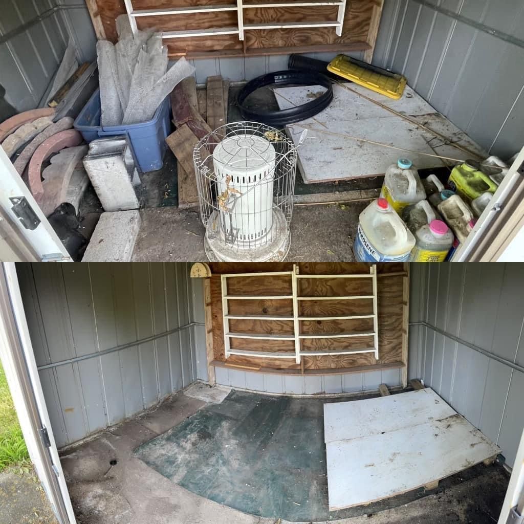 Small storage area with scattered tools, bottles, pipes, and a fan; lower view shows a sloped floor and railing.
