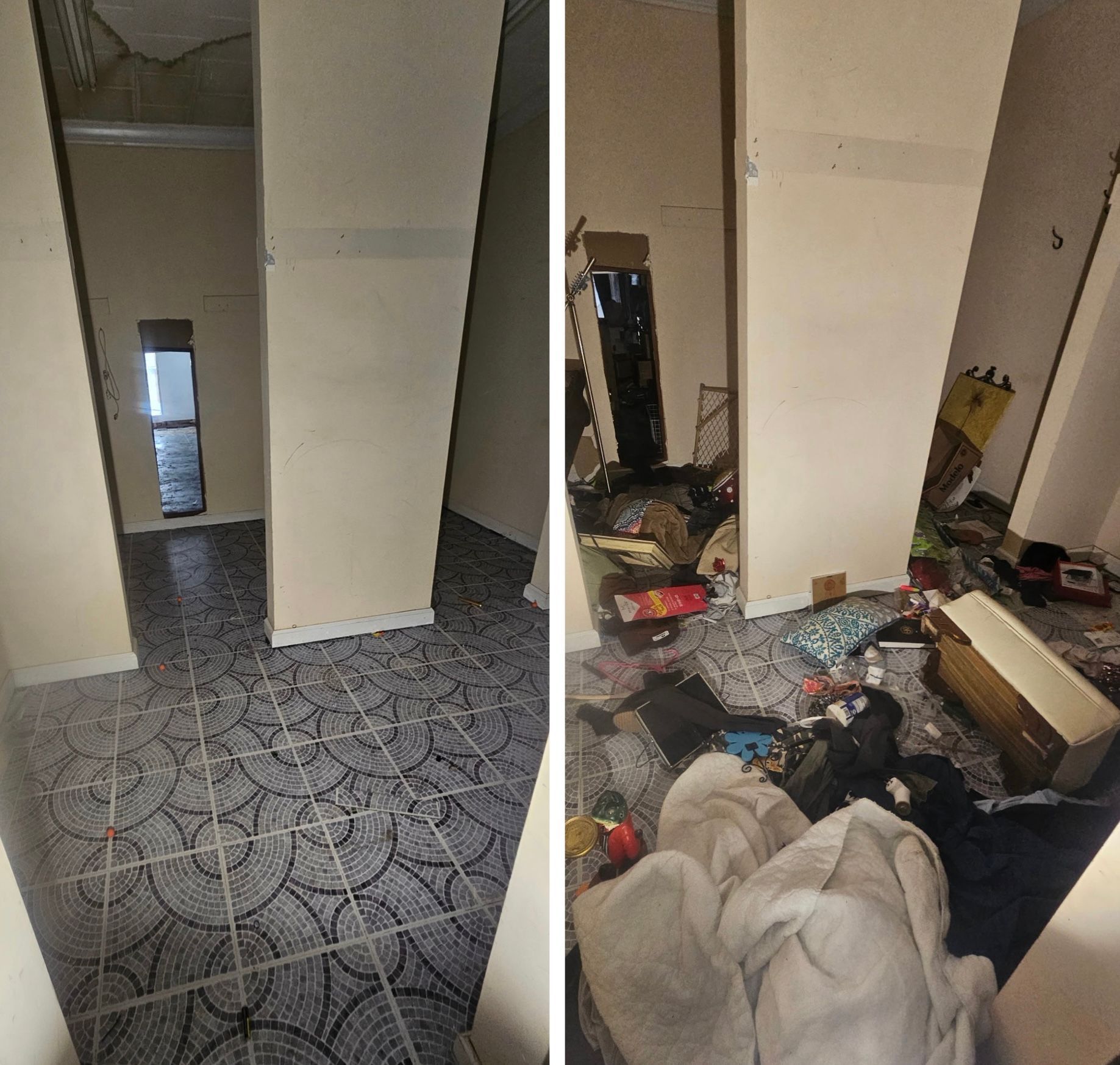 Messy hallway and room with scattered clothes, boxes, and debris on the floor.
