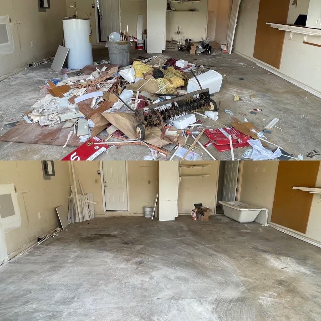 Before-and-after room cleanup: cluttered floor with debris, then a nearly empty, carpeted room with doors and walls.
