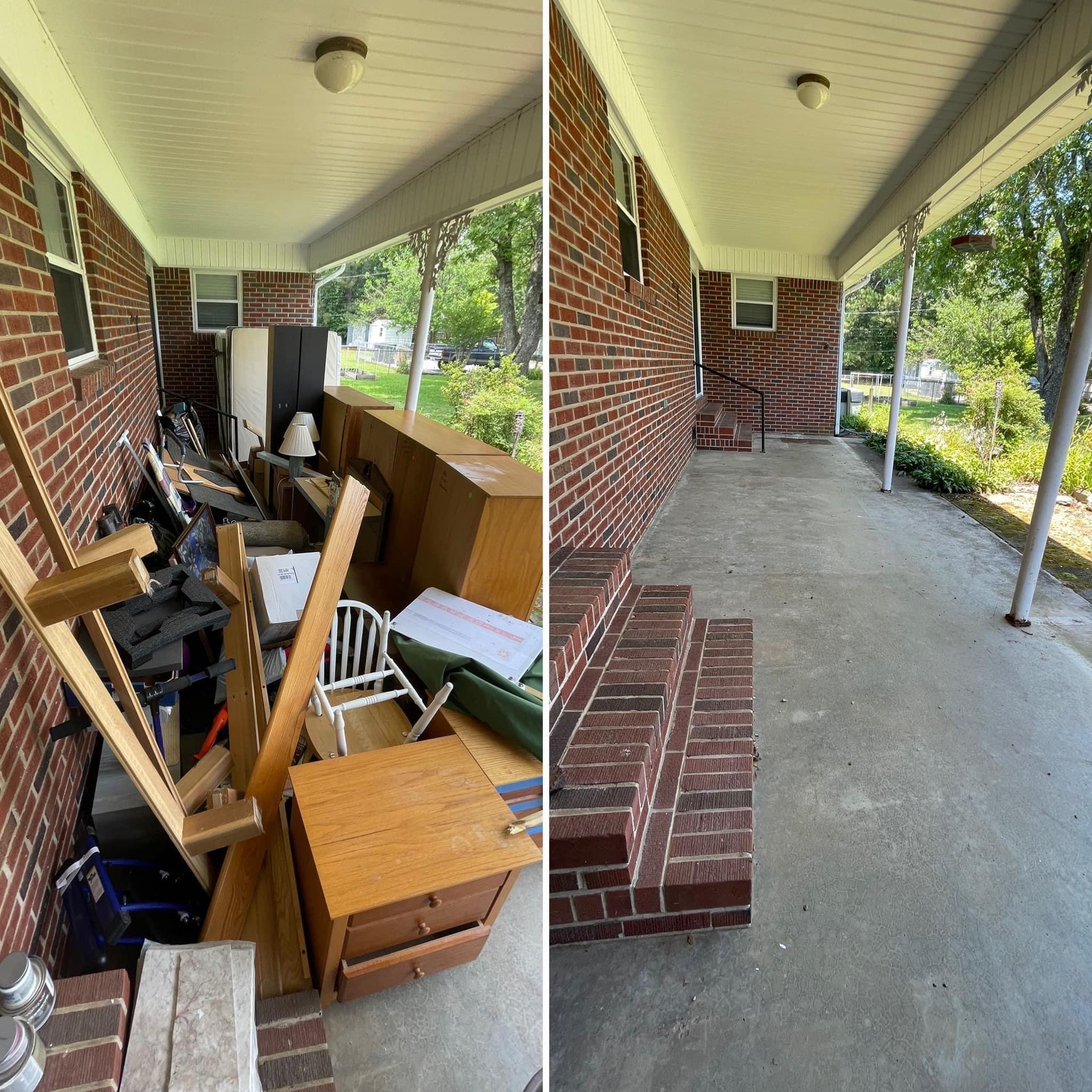 Porch clutter before-and-after: left piled with furniture and junk, right cleared with empty brick porch.