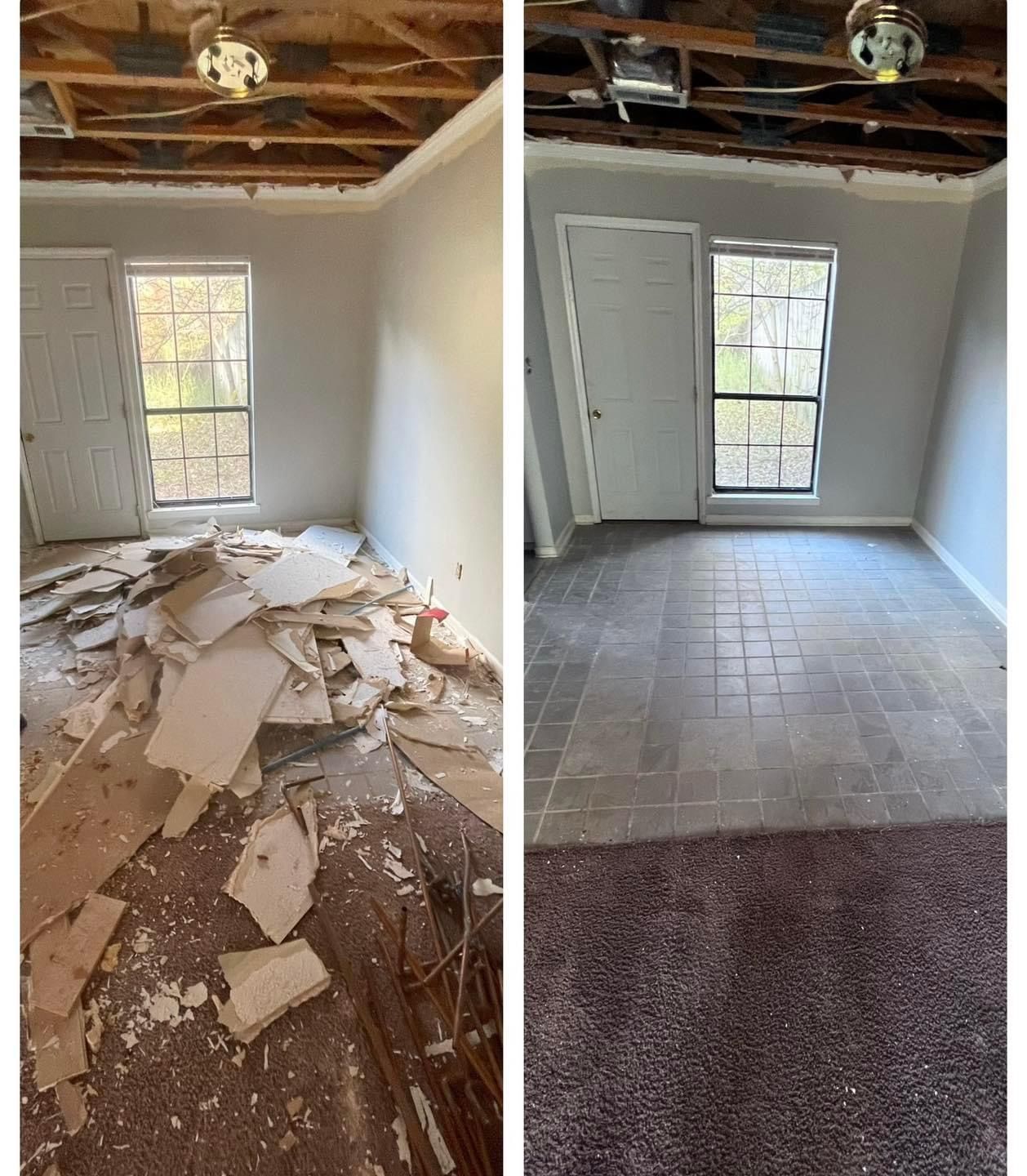 Before-and-after of a small room renovation: debris-covered floor next to a clean tiled floor.