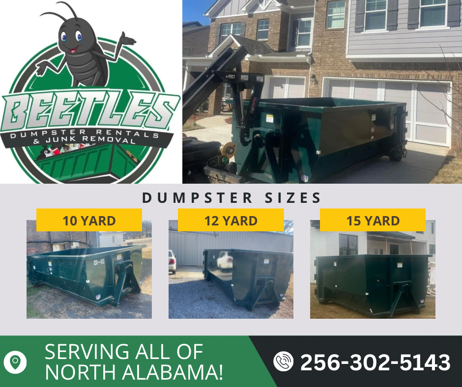 Beetles Dumpster Rentals ad with truck, dumpster sizes, and phone number for North Alabama