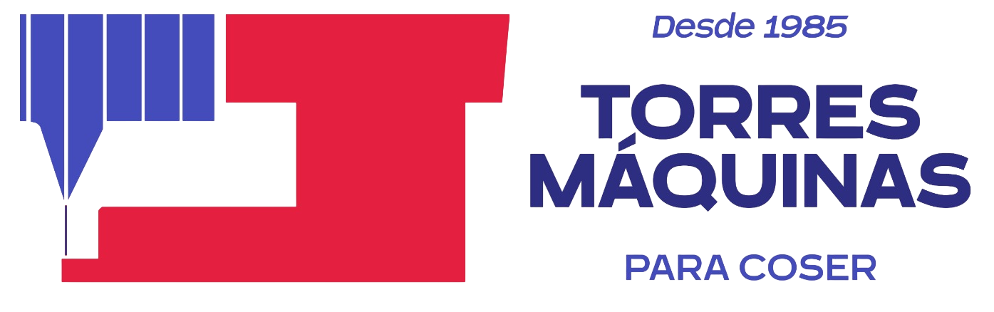 Logo de Torres Máquinas para coser en azul, rojo y blanco, con “Desde 1985” arriba.