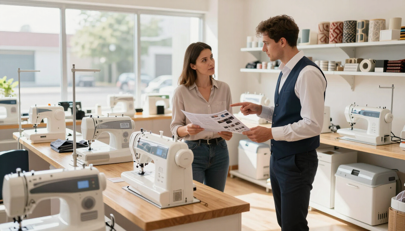Dos personas conversan sobre una máquina de coser en un luminoso taller de costura con varias máquinas expuestas.