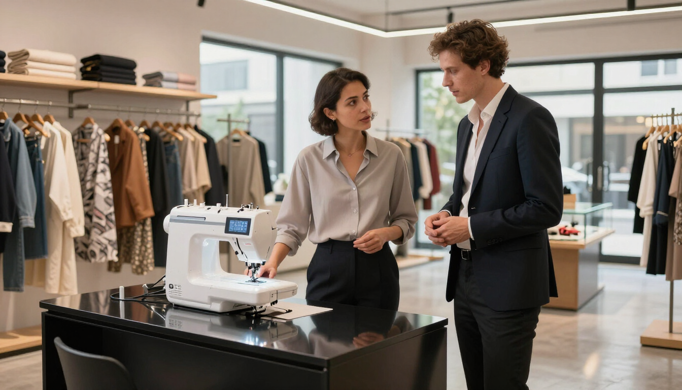 Dos personas conversan sobre muestras de tela en una luminosa boutique de ropa con máquina de coser y percheros con prendas.
