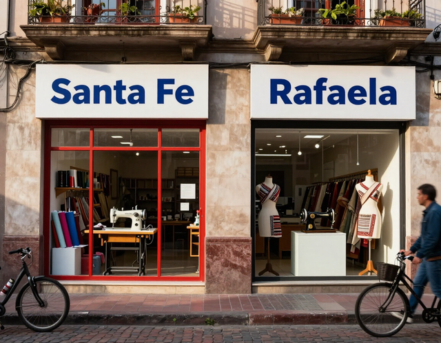 Tiendas con los letreros "Santa Fe" y "Rafaela" exhibiendo ropa en una calle de la ciudad.