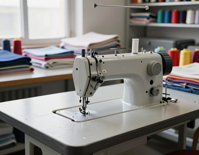 Máquina de coser industrial sobre una mesa en un taller de costura, con tela, carretes de hilo y suministros al fondo.