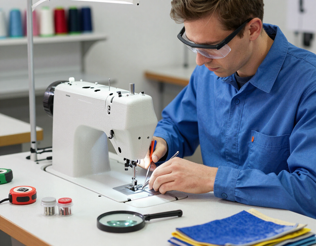 Persona con camisa azul utilizando una máquina de coser en una mesa de trabajo en un taller.