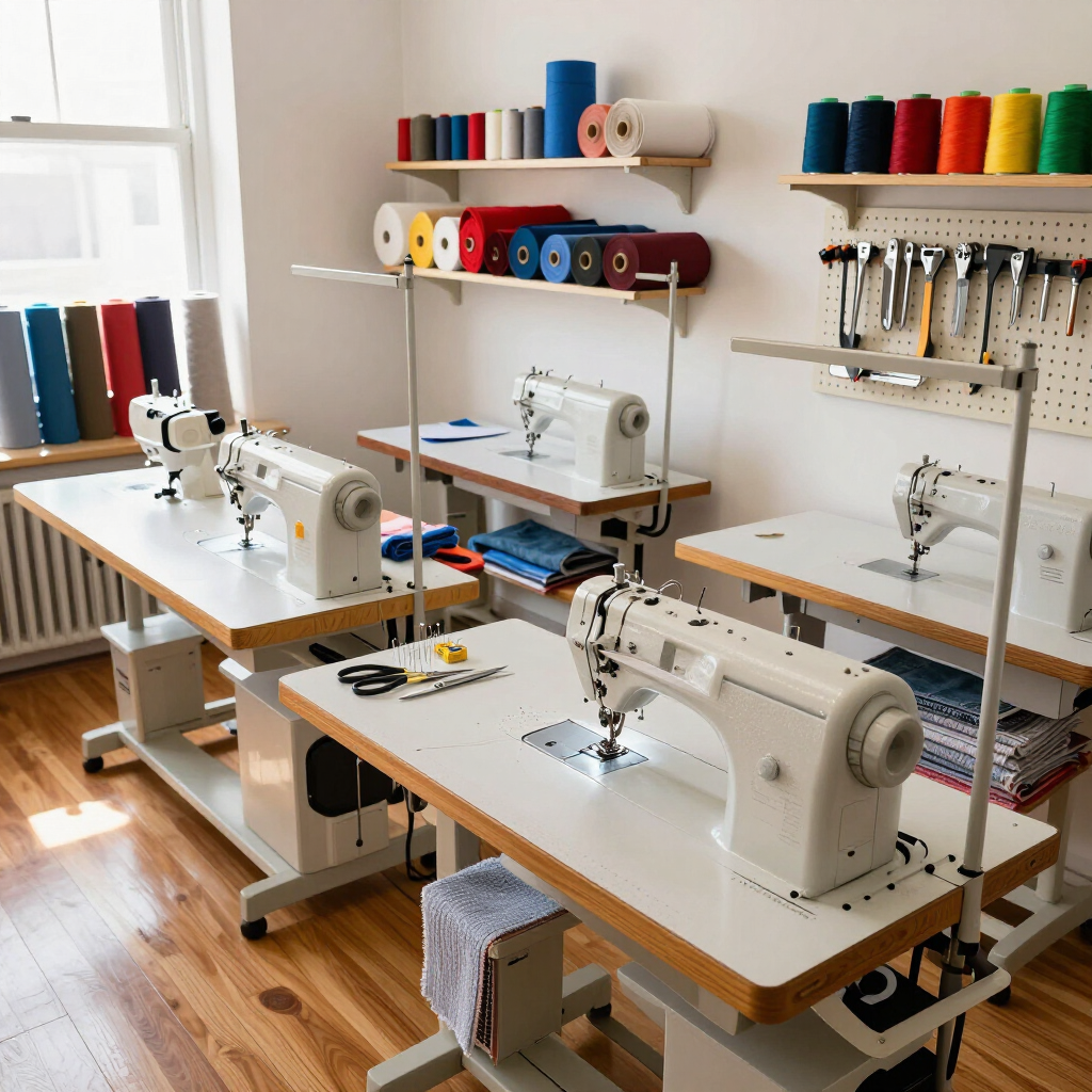 Taller de costura con tres máquinas, carretes de hilo y herramientas en estantes en un espacio de trabajo luminoso.