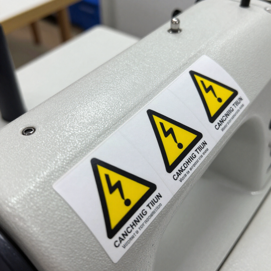 Tres etiquetas amarillas de advertencia eléctrica en la carcasa gris de una máquina.