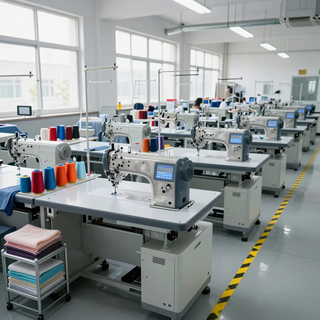 Fábrica de costura industrial con filas de máquinas y carretes de hilo de colores en un espacio de trabajo luminoso.
