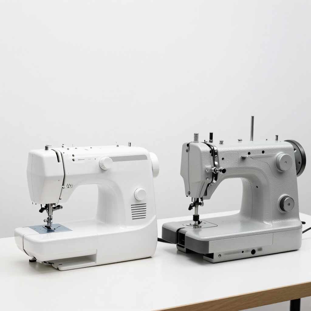 Dos máquinas de coser sobre una mesa blanca, una blanca y otra gris, una al lado de la otra.