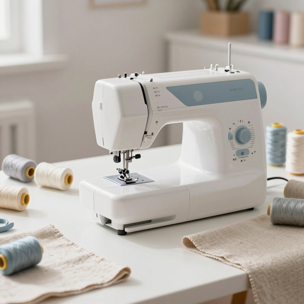 Máquina de coser blanca sobre una mesa de manualidades con tela y carretes de hilo en una habitación luminosa.