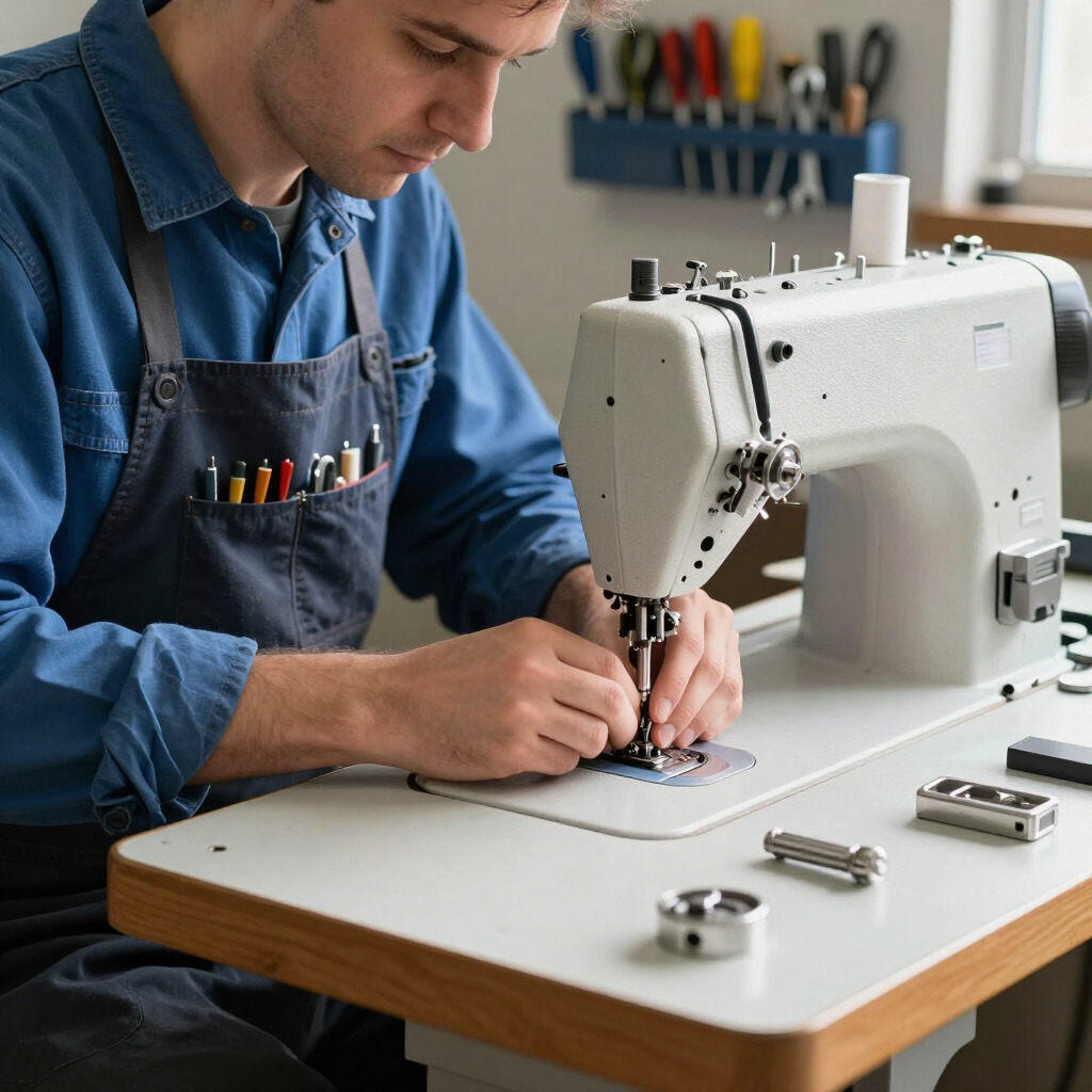 Persona cosiendo en una máquina de coser blanca en un taller, vestida con camisa azul y delantal.