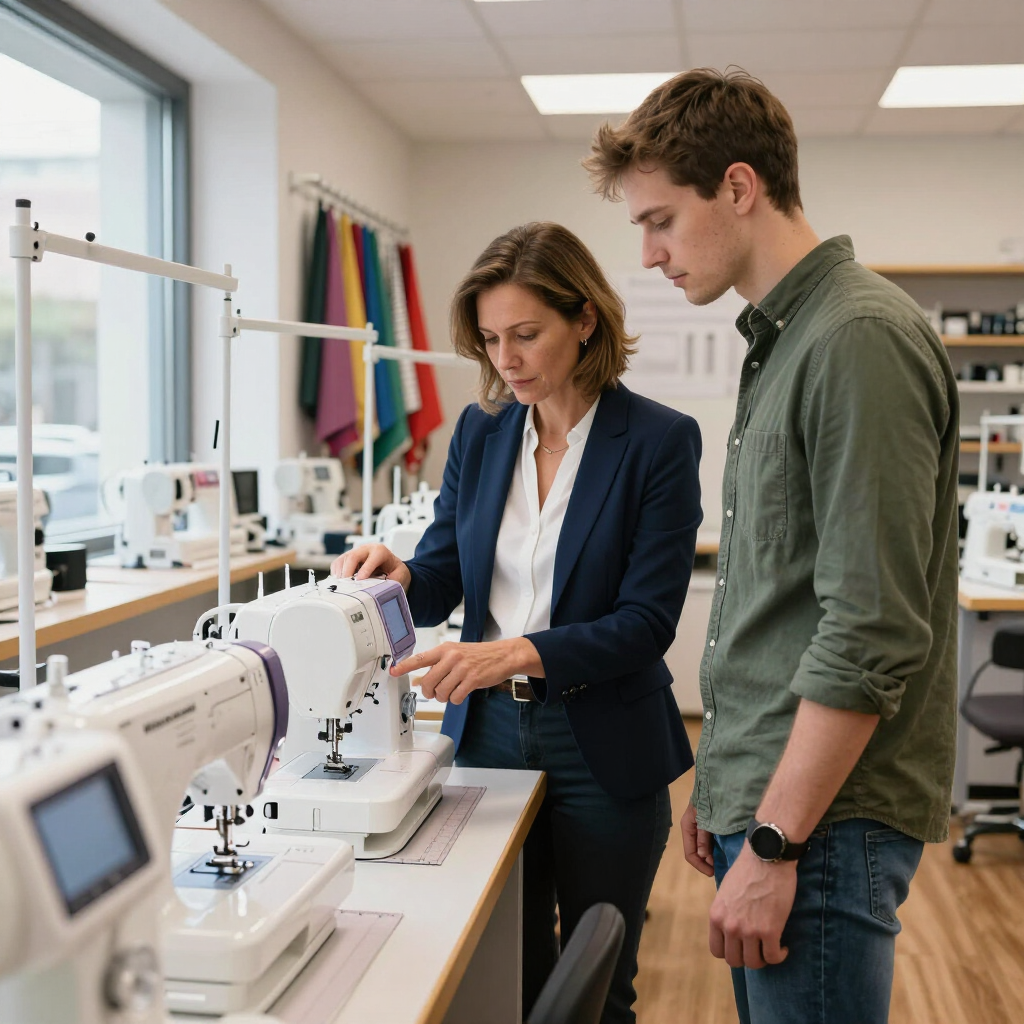 Dos personas examinando una máquina de coser en un luminoso estudio de diseño.