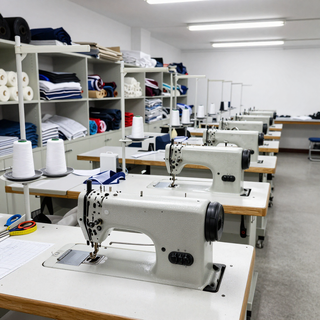 Taller de costura con filas de máquinas de coser industriales y estantes con telas dobladas y suministros.