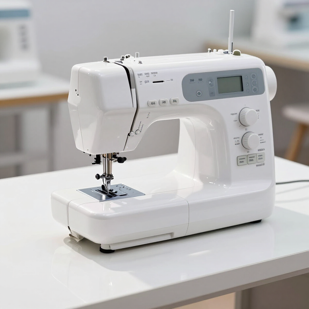 Máquina de coser compacta blanca sobre una mesa brillante en una habitación luminosa.