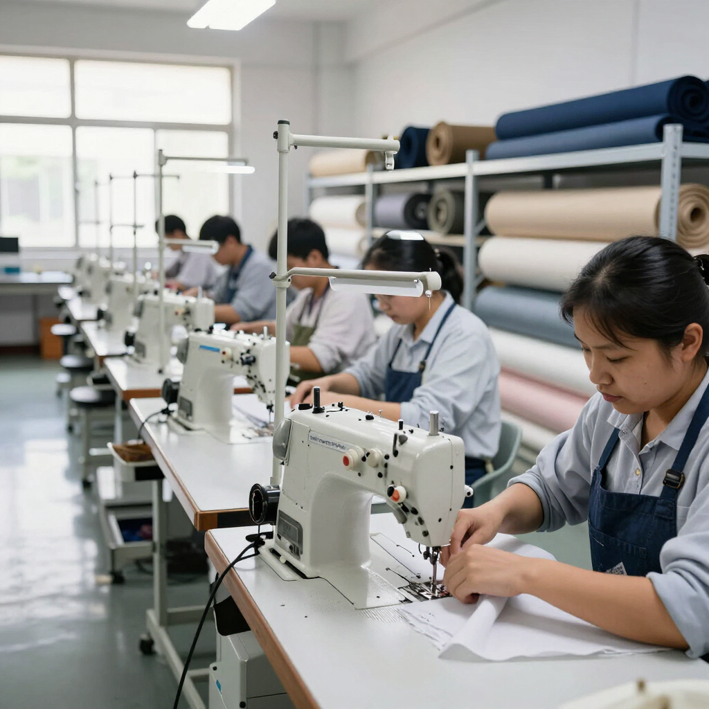 Trabajadores cosen rollos de tela en una luminosa fábrica textil con filas de máquinas de coser.