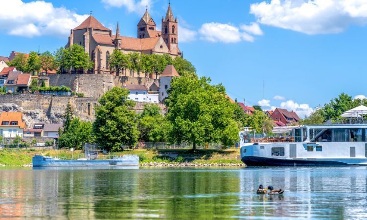 breisach am rhein, blick auf das st stephansmünster mit kleinen schiffen davor im wasser und zwei enten