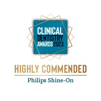 Clinical Dentistry Awards 2023 badge with “Highly Commended” and “Philips Shine-On” text