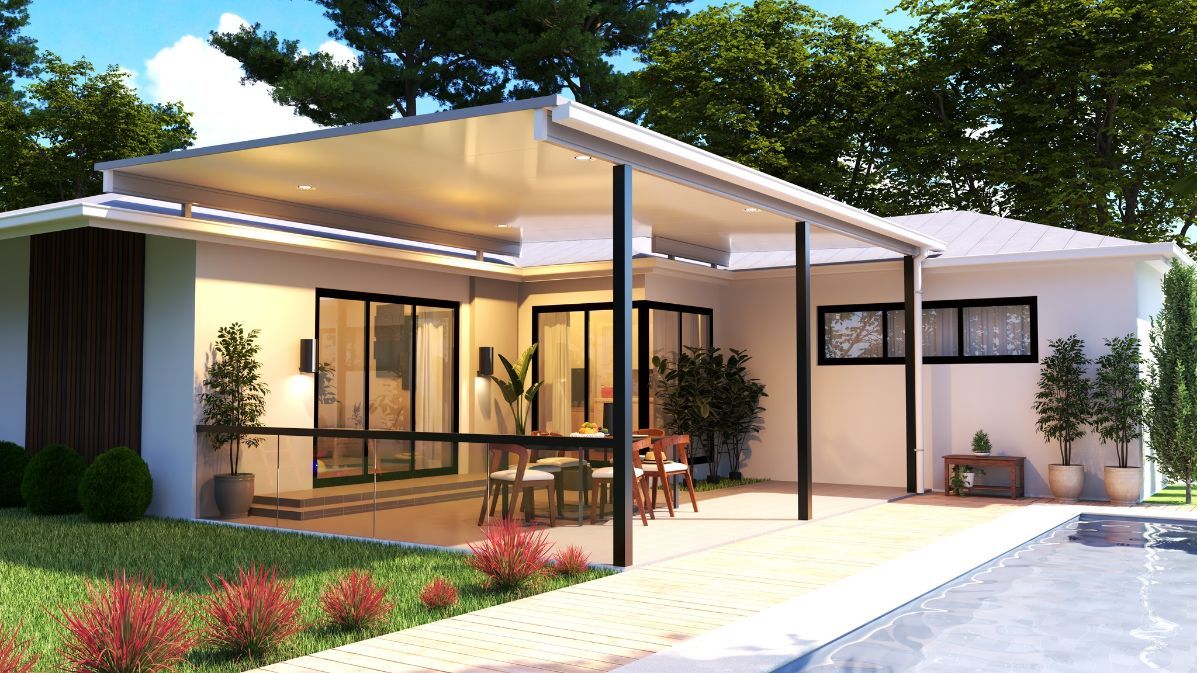 A white house with a covered patio and a swimming pool in front of it — Hunter & Mid Coast Patios In Hamilton, NSW