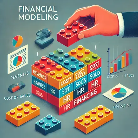A hand is holding a lego cube with financial modeling written on it.