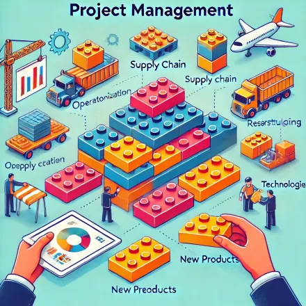 An isometric illustration of a project management system made of lego bricks