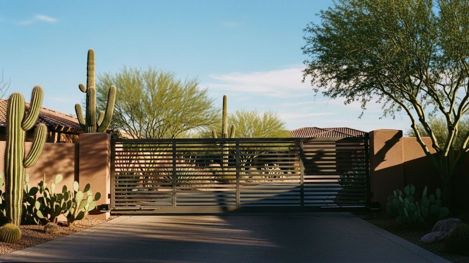Black gate in front of a driveway, with saguaro cacti, bushes, and a blue sky.