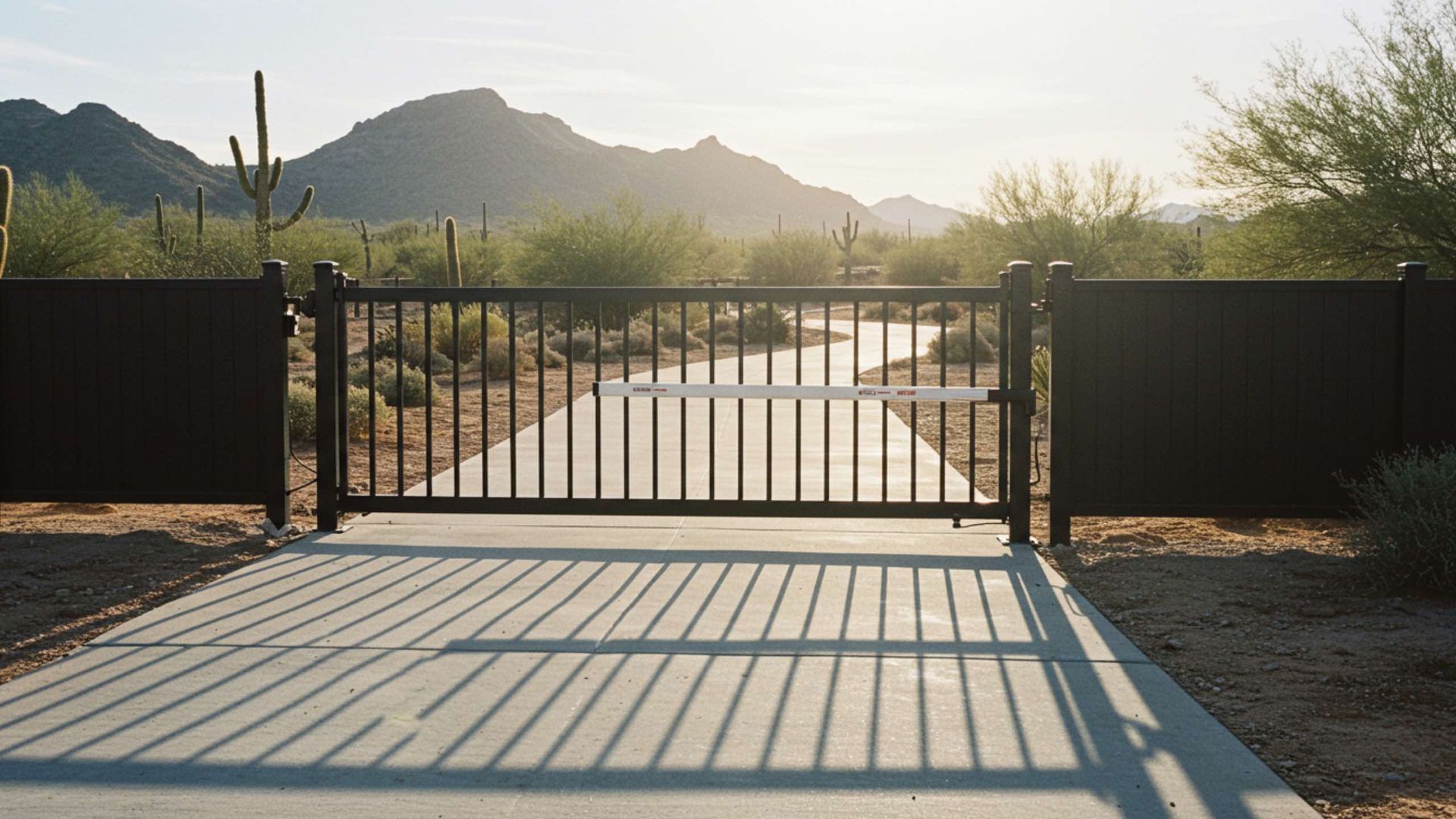 Black metal gate on concrete driveway, leading to a path with desert landscape background.